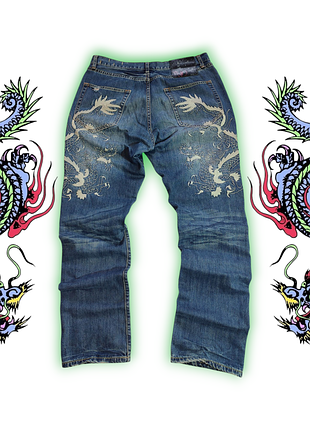 Джинсы винтаж с вышивкой дракона vtg japanese dragon loose fit jeans ed hardy evisu true religion