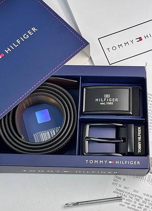 Ремень мужской Tommy hilfiger с двумя черными пряжками двухсторонний в подарочной коробке