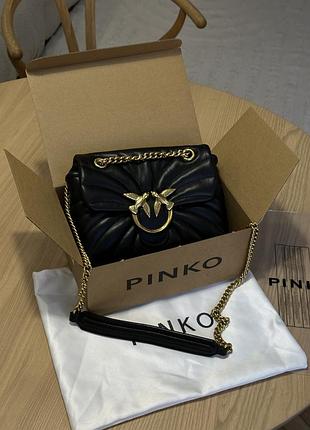 Чорна шкіряна брендова сумочка pinko love bag puff butterfly quilt white/gold