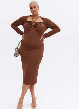 Трикотажное платье миди curve brown, с вырезом и длинным рукавом, размер 52-54
