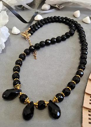 🔺⚜️🖤 розкішне ошатне кольє з підвісками "бріолет" натуральний камінь чорний агат
