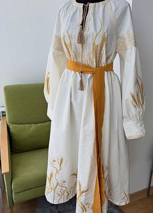 Турецька сукня вишиванка з рукавами ліхтариками міді під пояс з колосками пшениці на підкладці