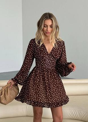 Мини платье шифон цветы цветочный принт рисунок длинный рукав декольте v рюши имитация корсета