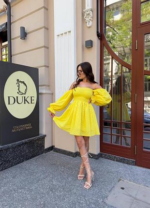 Шикарна жіноча коротка легка сукня з прошви з відкритими плечима жовтий білий зелений малиновий