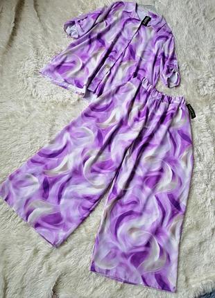 Летние женские брючный костюм длинные широкие юбки-брюки пальцо и рубашка короткий рукав