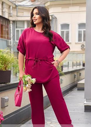 Костюм женский брючный летний, блуза на кулиске, брюки, батал, плюс сайз, фуксия