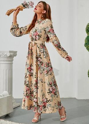 Сукня з квітами закрита сукня з рукавами сукня міді під шию квіти плаття з квітами