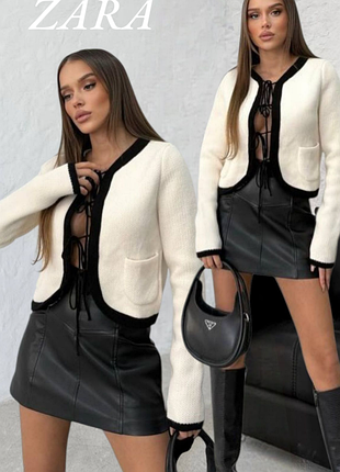 Zara жакет кардиган в стиле old money с контрастными завязками на бантики р. s-m. р.m-l
