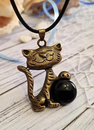 🔺😸🖤 кулон на шнурке "бронзовый котик" натуральный черный оникс