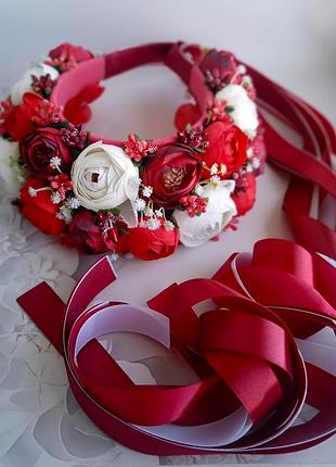 Великий український віночок-корона червоно-бордовий, зі стрічками, сценічний