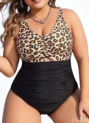 Шикарный слитный купальник с драпировкой леопардовая вставка shein🌴🌺🌴