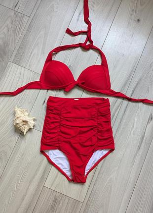 Купальник раздельный ретро стиль, красный купальний очень высокая посадка