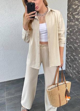 Женский льняной костюм рубашка + брюки, все цвета в наличии