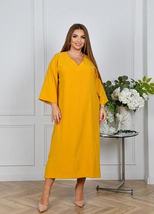 Платье длинное миди свободного кроя женское в стиле бохо креп жатка 52-66 горчица (темно-желтое)