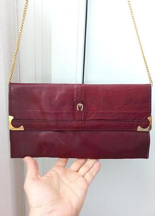 Винтажная сумка клатч бордового цвета, кожа, золотая фурнитура, кросс-боди