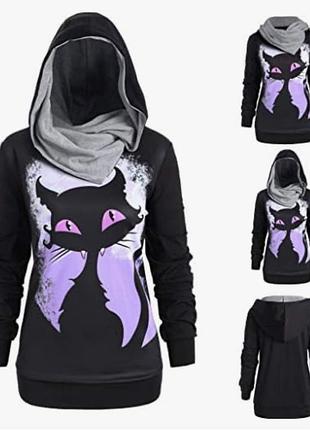 Р. 52-54/2xl-3xl стильная чёрная толстовка с капюшоном и 3d-принтом “кот halloween”