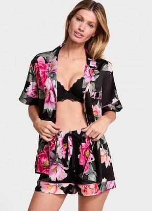 Сатинова піжама victoria's secret glazed satin short pajama set black floral bouquet
