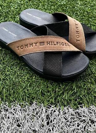 Кожаные летние мужские шлепанцы Tommy hilfiger колы койот, черный, размер 40-44