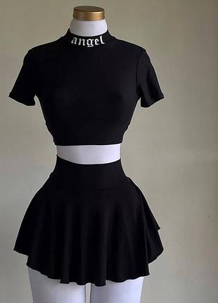 Женский летний черный костюм топ и юбка с шортиками шортами юбка-шорты - шорты