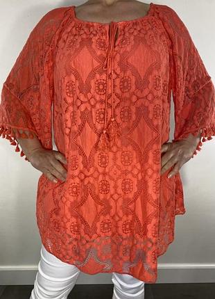 Р. 46-48-50/m-l-xl коралловая кружевная туника свободного кроя