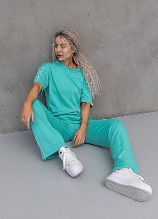 Костюм  спортивний  жіночий повсякденний трикотаж двонитка футболка і штани блакитний бірюзовий