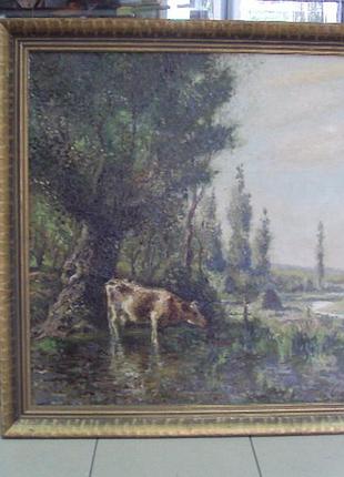 Картина сельский пейзаж у реки с коровой. сиренко 1955 с рамой 80 х 80,8 см, без рамы 70х75 см №191