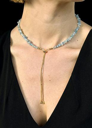 Кольє подовжене жіноче, чокер, намисто з натурального каміння, аквамарин free form, позолота