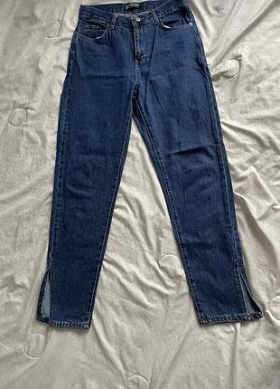 Жіночі джинси dobre jeans print Bershka wear high waist, темно-синій колір, прямого крою і розрізами