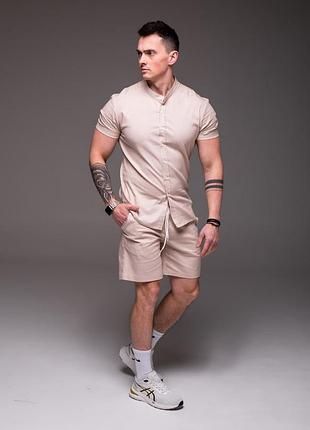Чоловічий комплект сорочка+шорти льон бежевий