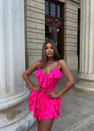 Платье мини короткая с рюшами на тонких бретелях легкое летнее женское с декольте неоновое...