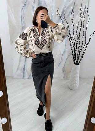 Стильна жіноча вишиванка туреччина s–3xl в бежевому та чорному кольорах4 фото