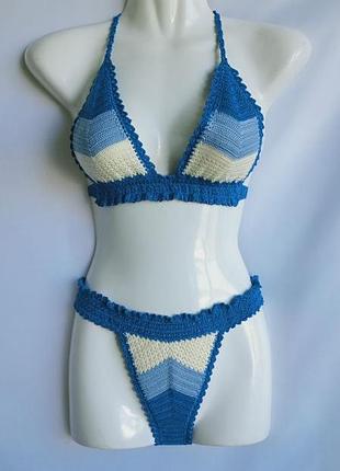 Вязаный раздельный купальник трехцветный ажурный handmade ручная работа