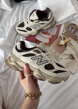 Женские кроссовки new balance 9060 beige brown замша сетка текстиль