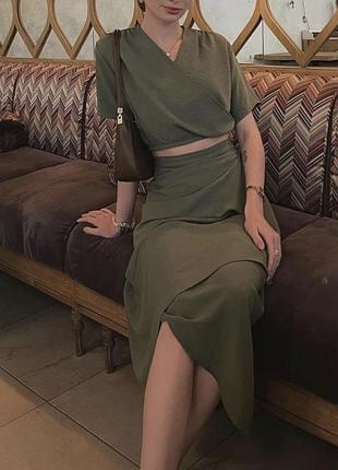 Костюм комплект хакі зелений спідниця юбка на запах топ жатка
