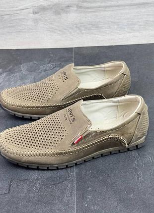 Кожаные мужские мокасины с перфорацией, мужские летние туфли натуральная кожа levis