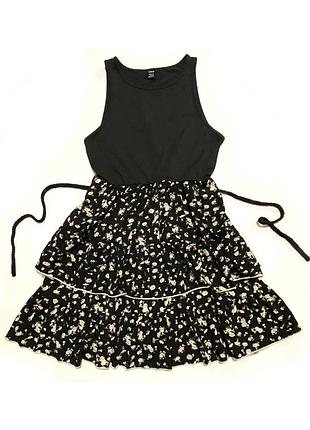 Eur 40 зріст 140-150 сукня літня коротка верх чорним топом без рукава низ пишний ярусний квітковий