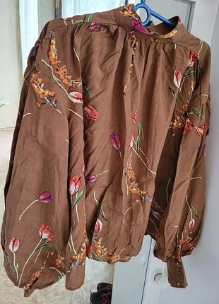 Сорочка блуза тренд квітковий тюльпан квіти принт коричнева руда різнобарвна об'ємні рукави оверсайз довгий рукав на ґудзиках вільна