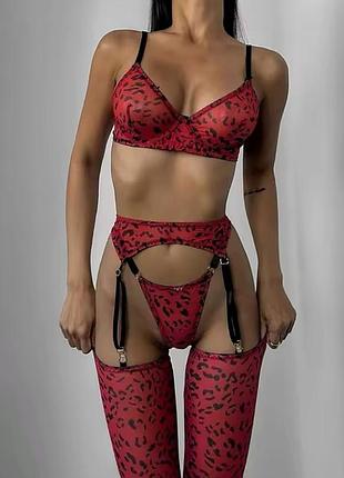 Сексуальна білизна червоний леопард з рукавичками перчатками та поясом для панчох