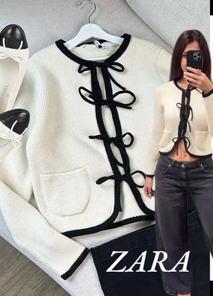 Zara вязаный жакет в стиле old money с контрастными завязками на  бантики р.s.m.l