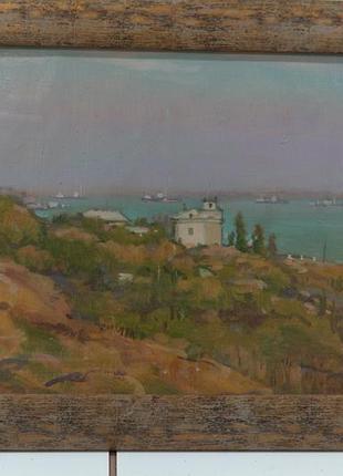 Картина карманов 1958 г. морской пейзаж. картон, масло в раме 46х33,5 см, без рамы 39х26,5 см №90