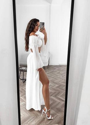 Жіночий білий костюм топ і штани з розрізами