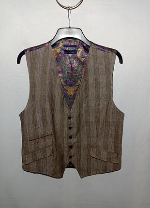 Жилетка льняная недорогой цвет капучино лен и атлас унисекс полоска и изысканный принт размер xl xxl