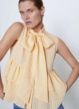 Жовта натуральна лляна блуза zara з бантом 💛 61%льон