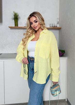 Жіноча легка літня жовта сорочка з льону жатка | 010