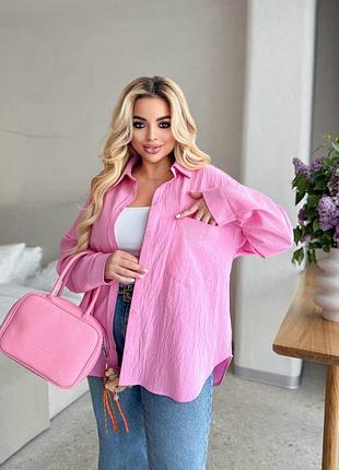 Жіноча легка літня рожева сорочка льон - жатка | 010