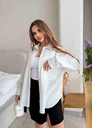 Жіноча біла літня легка сорочка льон жатка | 010