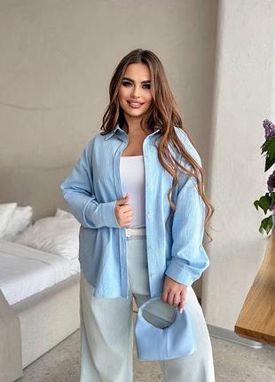 Жіноча блакитна легка літня сорочка льон - жатка | 010