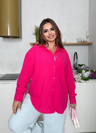 Жіноча яскрава рожева літня сорочка льон-жатка | 010