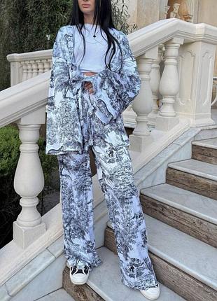 Трендовый шелковый костюм свободного кроя, халат кимоно и широкие брюки палаццо, брюки, брючный костюм