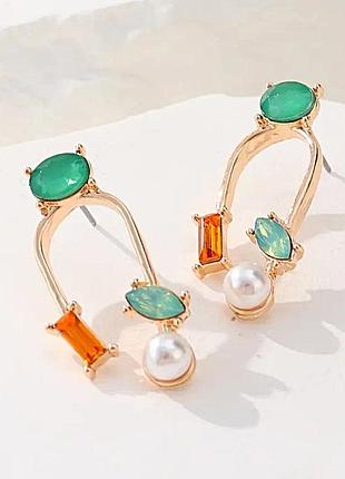 Женские сережки  асимметричные камушки  золотые